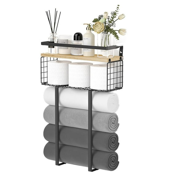 Yucurem Towel Racks for Bathroom, Metal Towel Storage Holder for Roll Towels, Wall Mounted Towel Organizer with Storage Basket and Wooden Shelf for Small Spaces