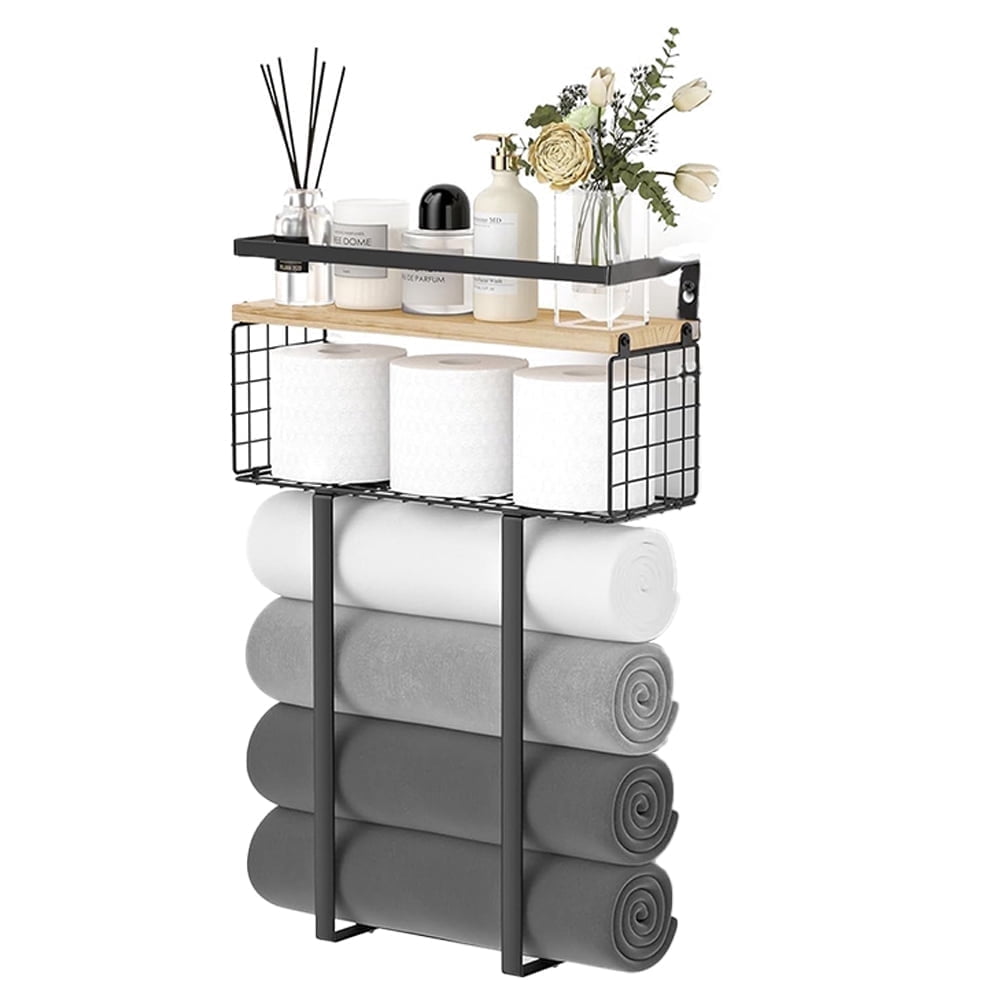 Yucurem Towel Racks for Bathroom, Metal Towel Storage Holder for Roll Towels, Wall Mounted Towel Organizer with Storage Basket and Wooden Shelf for Small Spaces