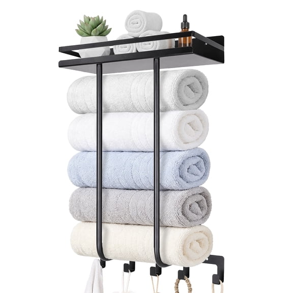 Yucurem Towel Storage Rack for Bathroom, Wall Mounted Towel Rack with Shelf and 5 Hooks, Metal Towel Holder for Small Bathroom Organizer Decor or RV Camping