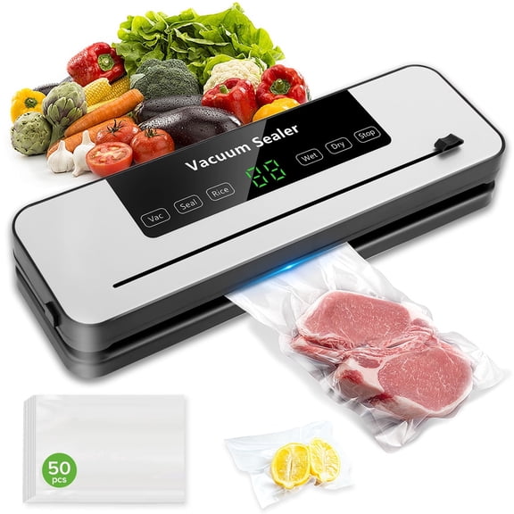 Yucurem Vacuum Sealer Machine with 50 Bags, Auto Vacuum Sealer for Food with Dry & Moist Modes, Built-in Cutter, Compact Design for Food Storage