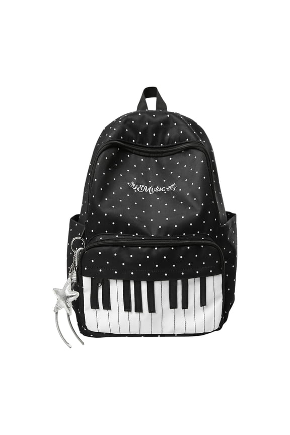 Vintage Piano Keyboard Music Note Backpack for Women Men, Polka Dot Print Nylon School Bag for College Travel Daily Use (Black)