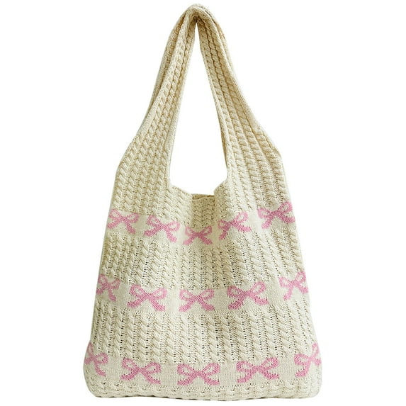 Yucurem Women Crochet Shoulder Bag Bow Pattern Knitted Tote Bag For Shopping (Pink) Personalized knitted bag (Pink)