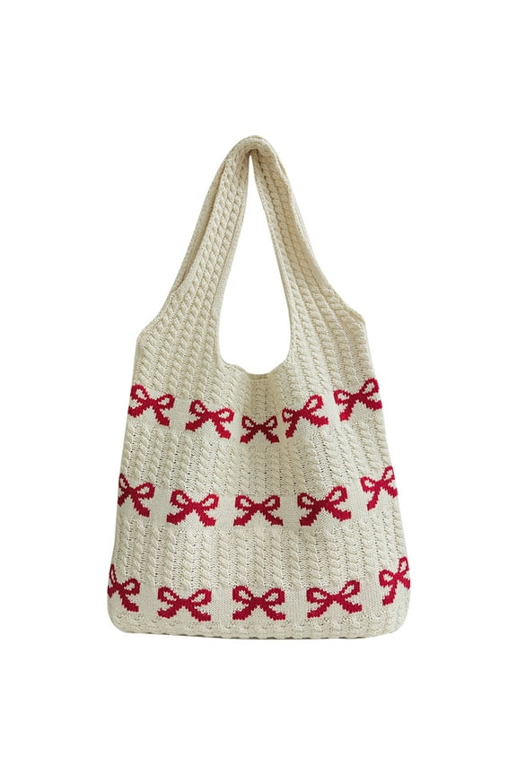 Women Crochet Shoulder Bag Bow Pattern Knitted Tote Bag For Shopping (Red) Personalized knitted bag (Red)