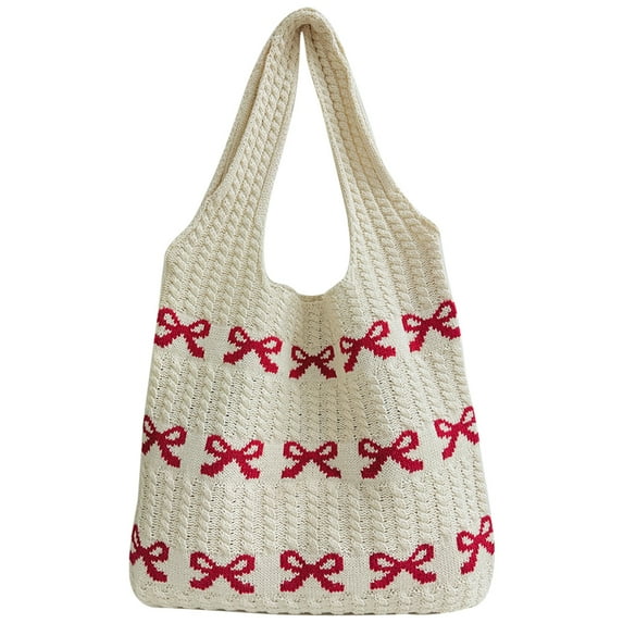 Yucurem Women Crochet Shoulder Bag Bow Pattern Knitted Tote Bag For Shopping (Red) Personalized knitted bag (Red)