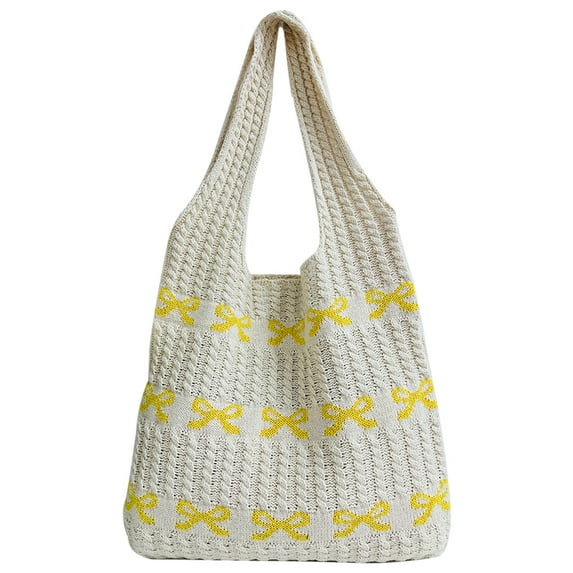 Yucurem Women Crochet Shoulder Bag Bow Pattern Knitted Tote Bag For Shopping (Yellow) Personalized knitted bag (Yellow)