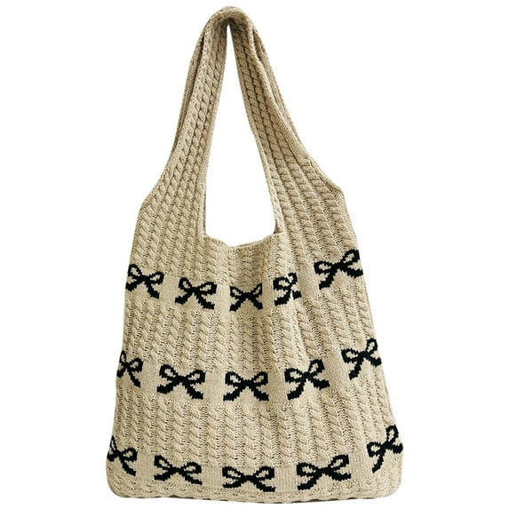 Yucurem Women Crochet Shoulder Bag Bow Pattern Knitted Tote Bag For Traveling (Black) Personalized knitted bag (Black)