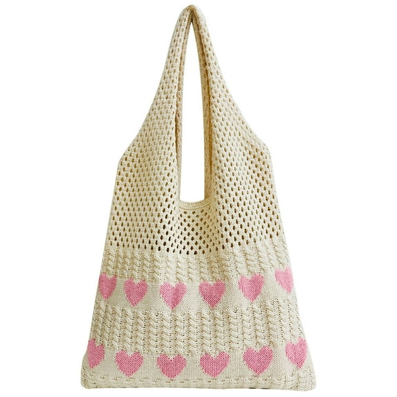 Yucurem Women Crochet Tote Handbag Heart Pattern Ladies Daily Handbag (Apricot Pink) Fashion shoulder bag (A)