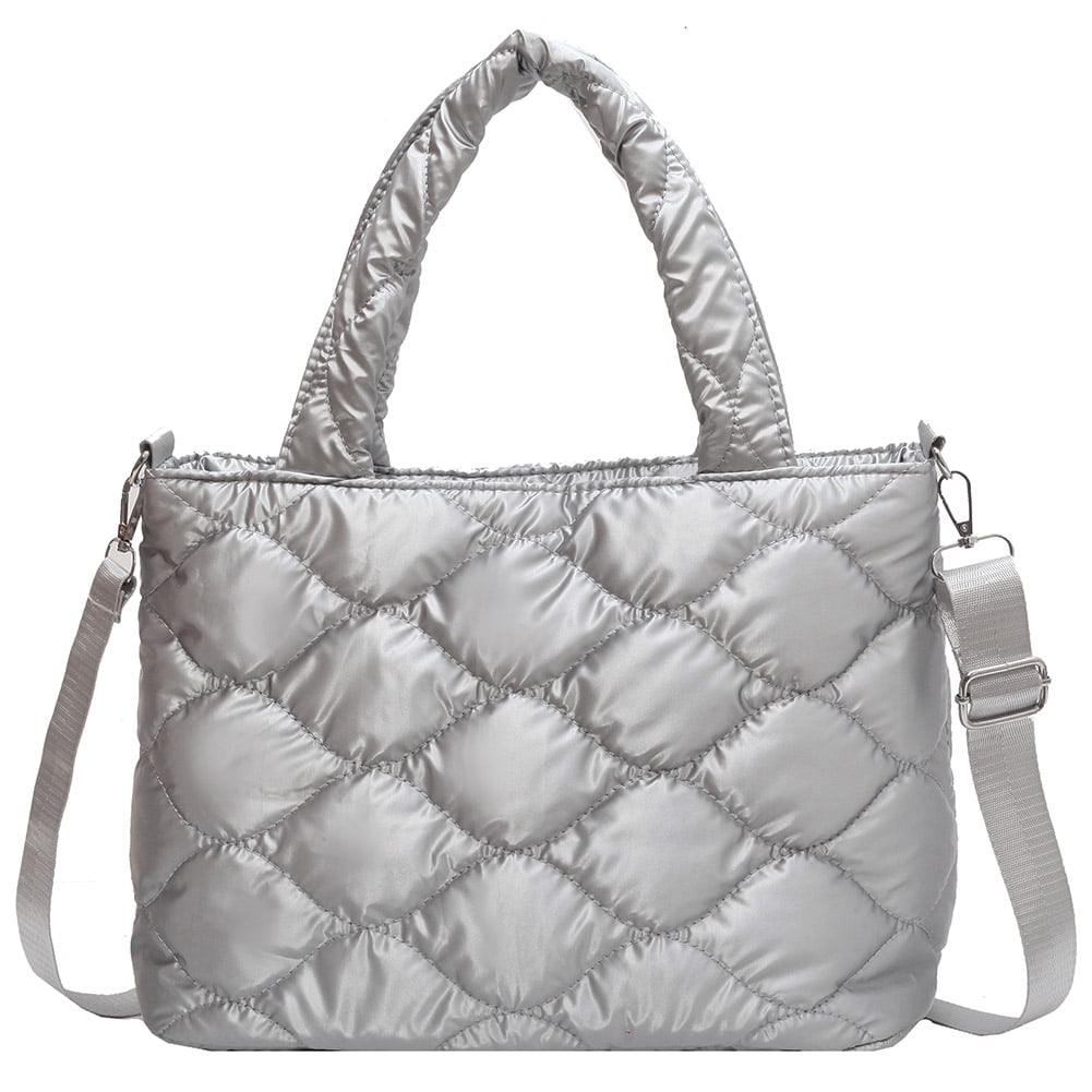 Yucurem Women Crossbody Bag Quilted Nylon Cotton-padded Top-Handle Bag Ladies Large Tote Silver, Women's