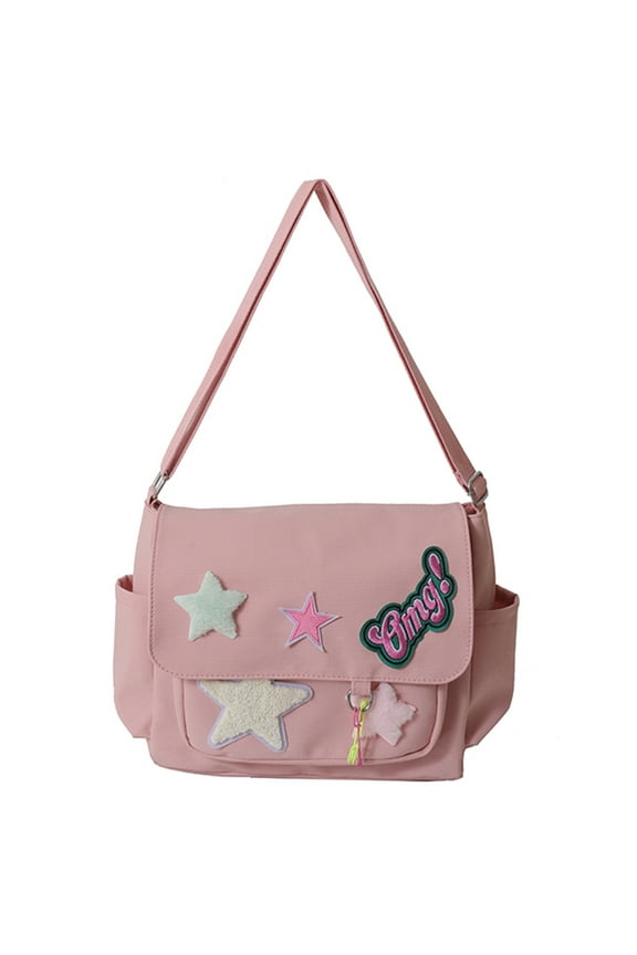 Women Cute Messenger Bag Star Letter Applique Canvas For Teens Students (Pink) Fashion shoulder bag (Pink)