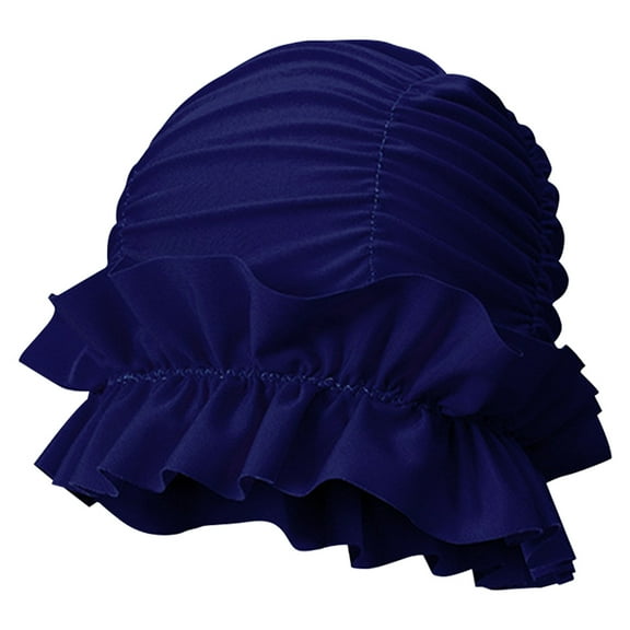 Yucurem Women Elastic Ruffle Swim Cap Hat, Portable Non-Squeezing Shower Cap, Ear Protection Swimming Cap for Long Short Hair (Navy Blue)