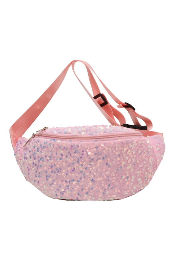 Women Fanny Pack Pu Leather Sequin Coin Purse Single Shoulder Bag (Pink) Chest bag (Pink)
