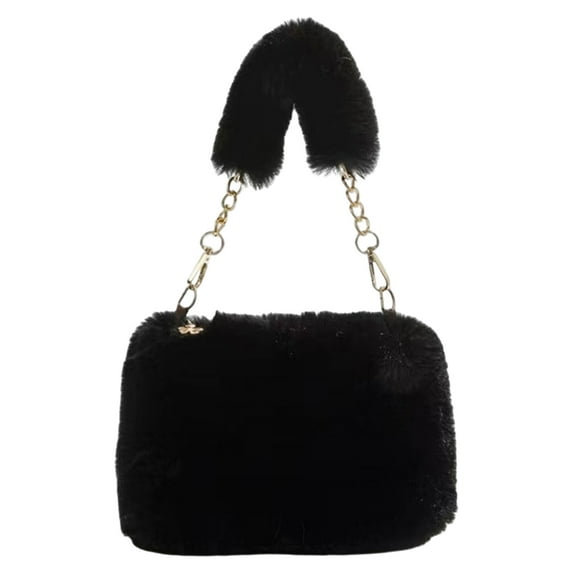 Yucurem Women Fuzzy Crossbody Bag - Casual Plush Tote Handbag - Fashion Sling Dating Bag with Zipper Closure (Black)