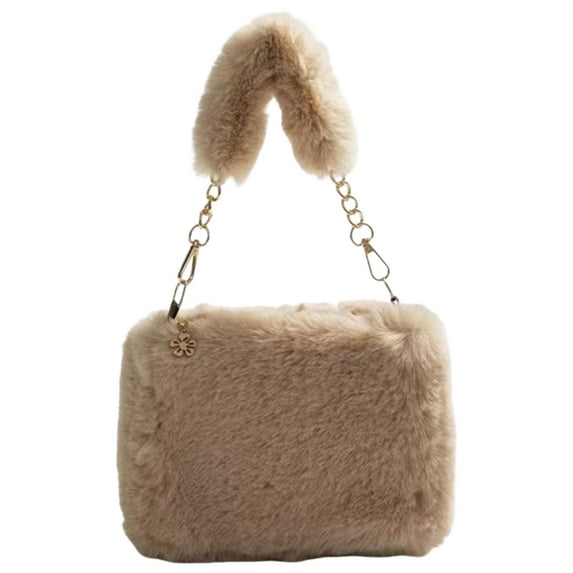 Yucurem Women Fuzzy Crossbody Bag - Casual Plush Tote Handbag - Fashion Sling Dating Bag with Zipper Closure (Khaki)