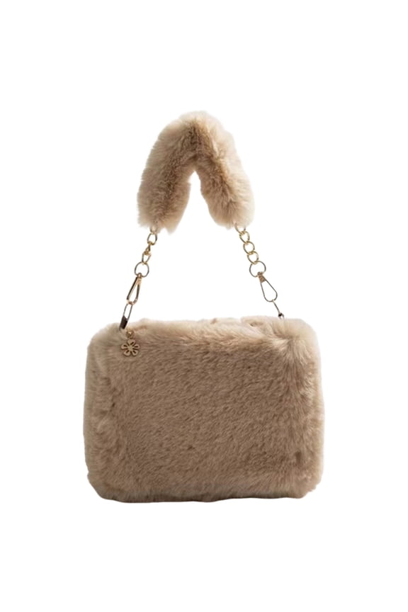 Women Fuzzy Crossbody Bag - Casual Plush Tote Handbag - Fashion Sling Dating Bag with Zipper Closure (Khaki)