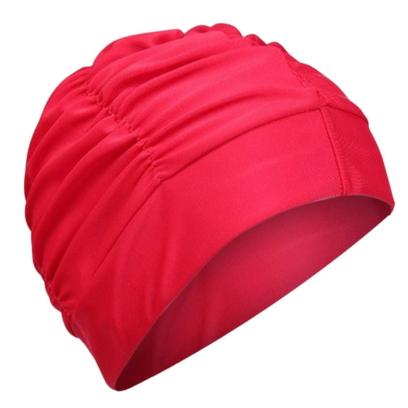 Yucurem Women Large Size Swimming Cap Hat, Pleated Bathing Caps for Long Hair, Solid Color Cloth Swimming Cap (Red)