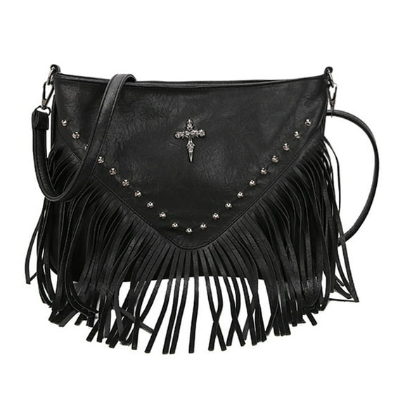 Yucurem Women Pu Studded Tassel Shoulder Bag Fringe Hobo Bag For Outdoor Travel (Black) Fashion shoulder bag (Black)