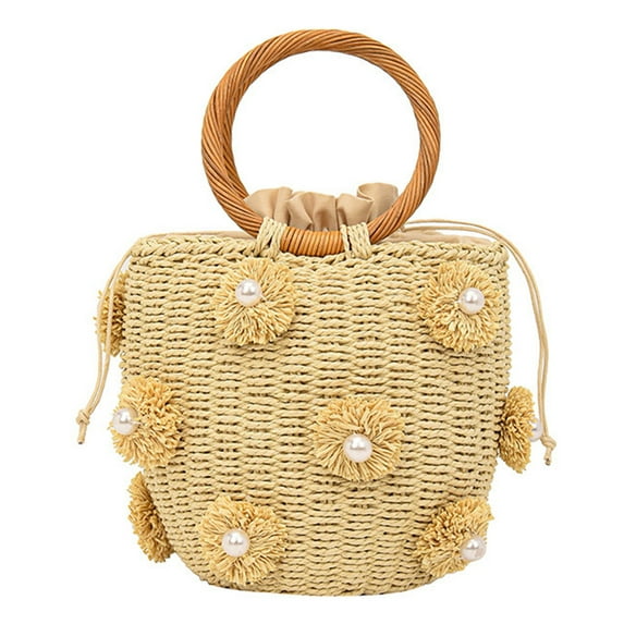 Yucurem Women Straw Bucket Bag With Pearls Drawstring Wrist Bag Summer Beach Bag (Beige) Casual straw bag (Beige)