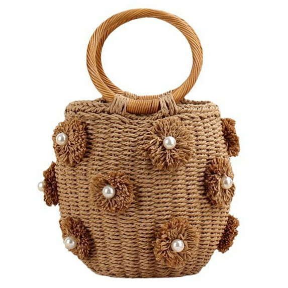 Yucurem Women Straw Bucket Bag With Pearls Drawstring Wrist Bag Summer Beach Bag (Camel) Casual straw bag (Camel)