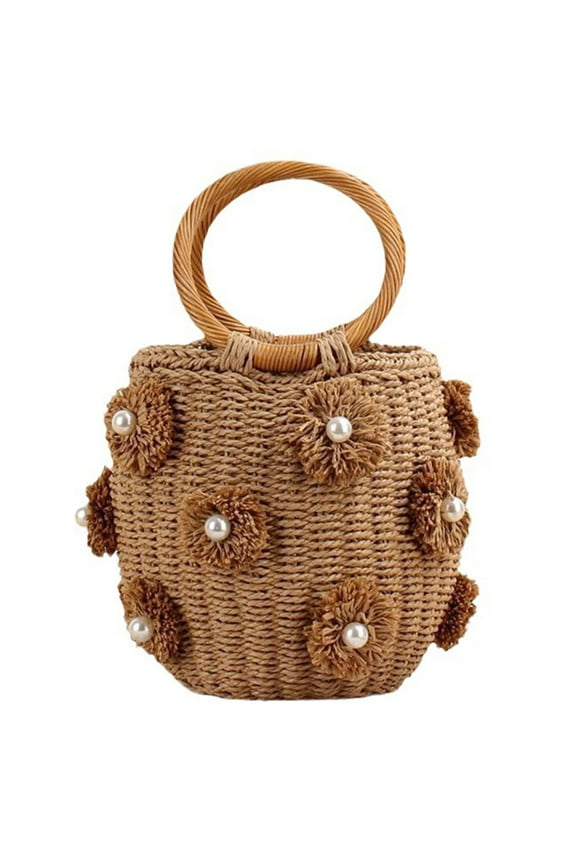 Women Straw Bucket Bag With Pearls Drawstring Wrist Bag Summer Beach Bag (Camel) Casual straw bag (Camel)