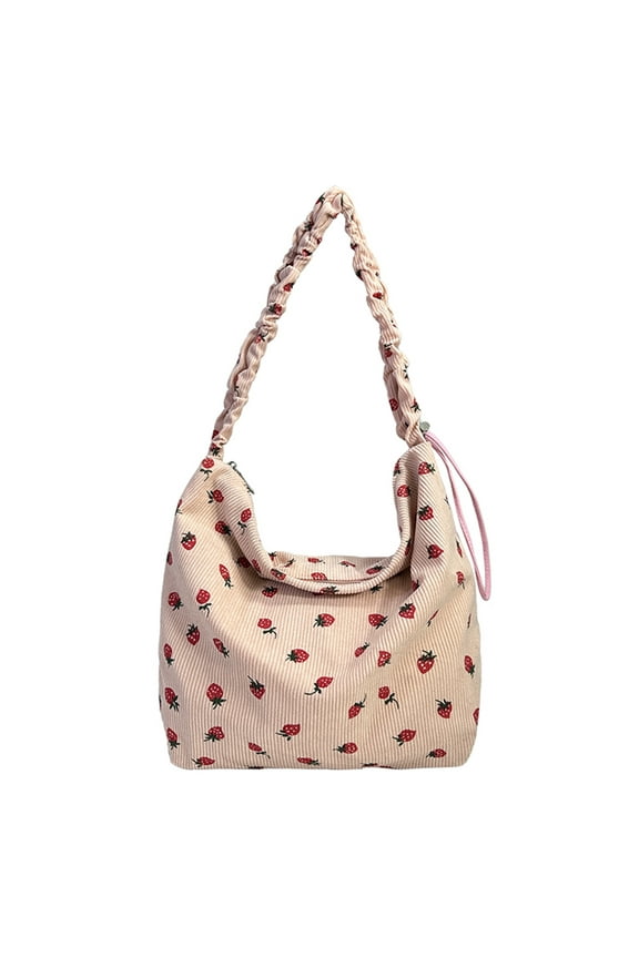 Women Strawberry Printed Shoulder Bag Corduroy Female Travel Casual Bag (Pink) Fashion shoulder bag (Pink)