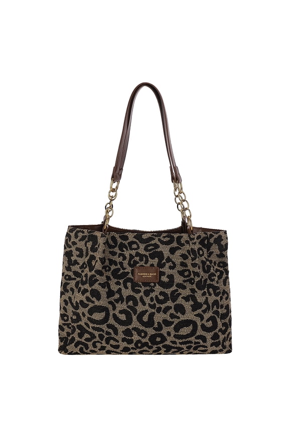 Women Tote Bag Leopard Print Canvas Shoulder Bag With Zipper For Work (Black) Fashion shoulder bag (Black)