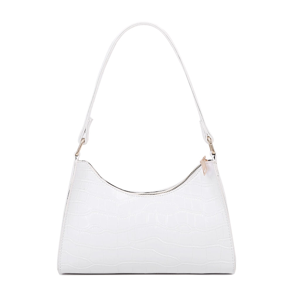 Yucurem Women Underarm Shoulder Bags Alligator Pattern Pure Color Handbags with Zipper PU Leather Top handle Handbag White