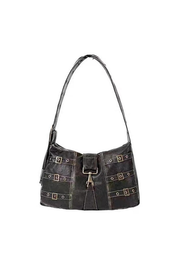 Women Y2k Shoulder Bag Gothic Handbag Locomotive Leather Hobo Bag Shopping Purse