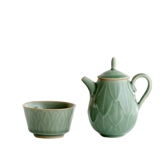 Yue Kiln Celadon Teapot Camping Tea Cup Set 1 Pot 1 Cup Gift Box Creative Relief Lotus Seat Ceramic Tea Maker Kettle