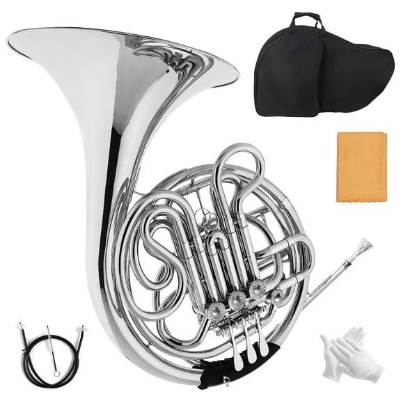 YueChun Professional Double French Horn F/Bb 4-Key Brass Instrument, Student for Orchestra & Band, Case, Gloves, Cleaning Kit, Silver Finish