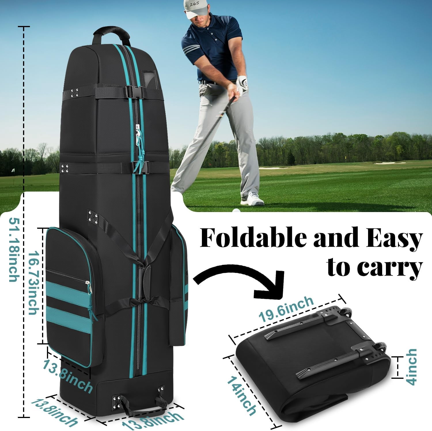 YueDun Golf Travel Bag with Wheels Heavy Duty 900D Polyester Waterproof for Airlines Transporting Clubs