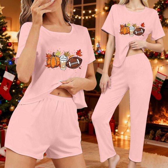 YueHuiYing 3PCS Women's Home Casual Clothes 3 Piece Outfits Short Sleeve Shirt Dolphin Shorts and Pant Sets Fashion Clothing