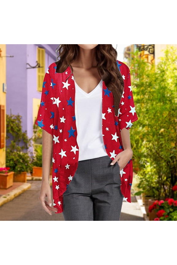 American Flag Star Print Kimono Cardigan - Lightweight 3/4 Sleeve Beach Cover Up for Holiday & Summer Wear