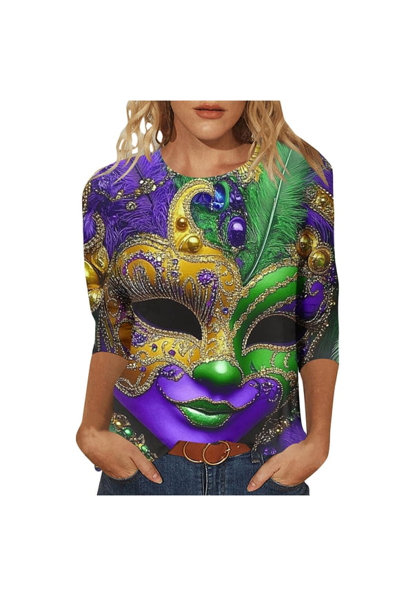 Carnival Balloon Pattern Print Women's Crew Neck 3/4 Sleeve Casual Top