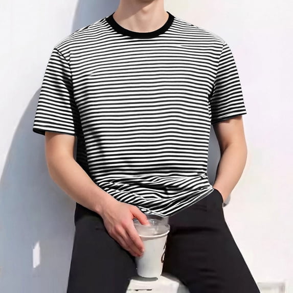 YueHuiYing Casual Shirts Men's Short Sleeve Striped Cotton Spandex Summer Holiday Travel Basic Pullover Crew Shirt