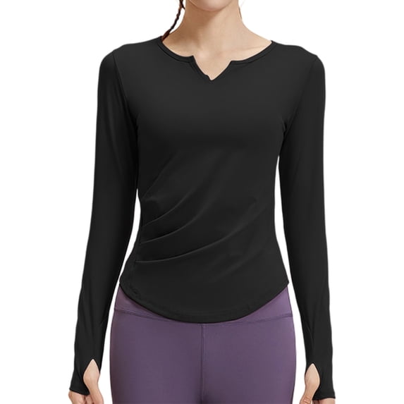 YueHuiYing Compression Shirt Women Long Sleeve V Neck Workout Tops Dry-Fit Gym Yoga Moisture-Wicking Sports Base Layer T-Shirts Black S