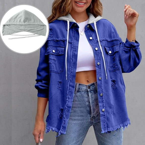 YueHuiYing Denim Jacket Women's Solid Color Loose Jacket Perforated Long Sleeved Women's Denim Shirt Detachable Hooded Jacket