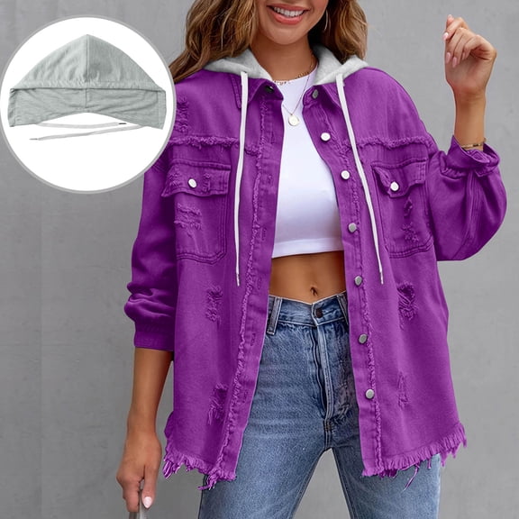 YueHuiYing Denim Jacket Women's Solid Color Loose Jacket Perforated Long Sleeved Women's Denim Shirt Detachable Hooded Jacket