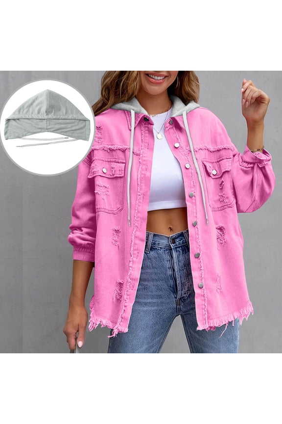 Denim Jacket Women's Solid Color Loose Jacket Perforated Long Sleeved Women's Denim Shirt Detachable Hooded Jacket
