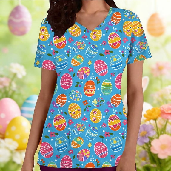 YueHuiYing Easter Shirts for Women V Neck Happy Easter T Shirt Easter Bunny Shirt Cute Rabbit Graphic Tee Gift Spring Tees Tops