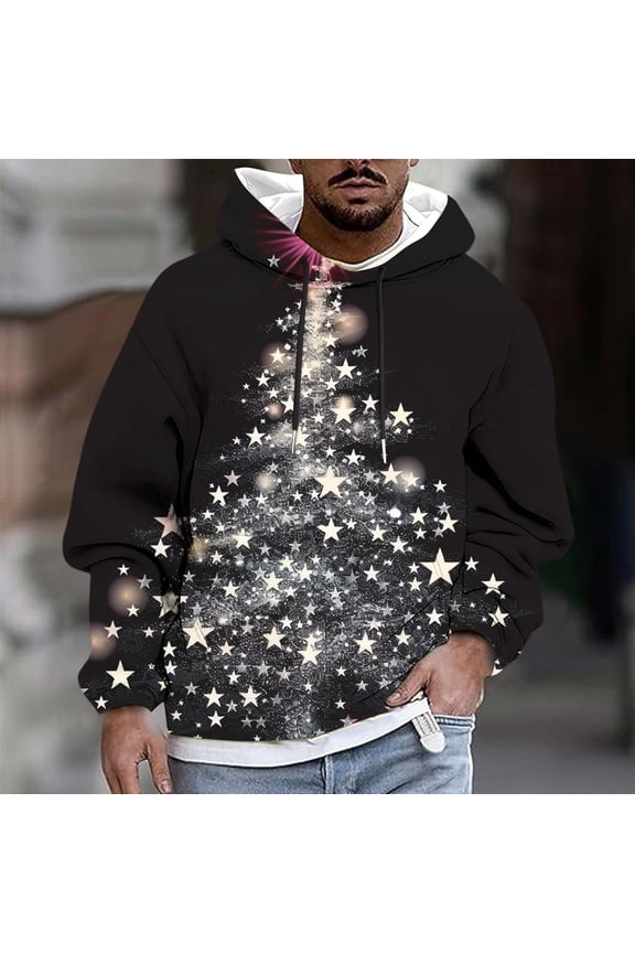 Fashion Men’s Casual Fun Christmas Tree Artistic Doodles Print Hooded Long Sleeve Drawstring Sweatshirt Top