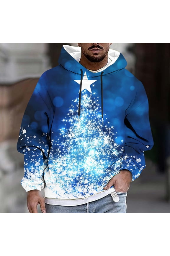 Fashion Men’s Casual Fun Christmas Tree Artistic Doodles Print Hooded Long Sleeve Drawstring Sweatshirt Top