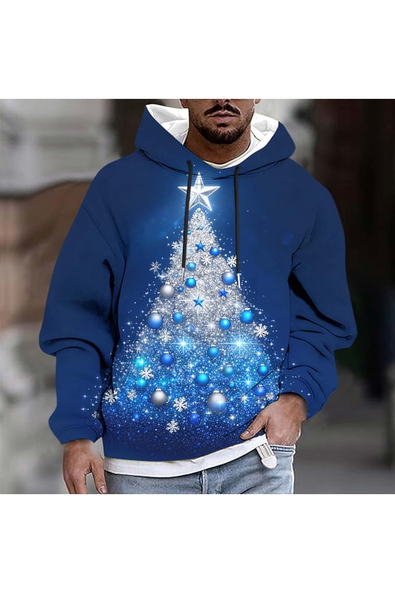 Fashion Men’s Casual Fun Christmas Tree Artistic Doodles Print Hooded Long Sleeve Drawstring Sweatshirt Top