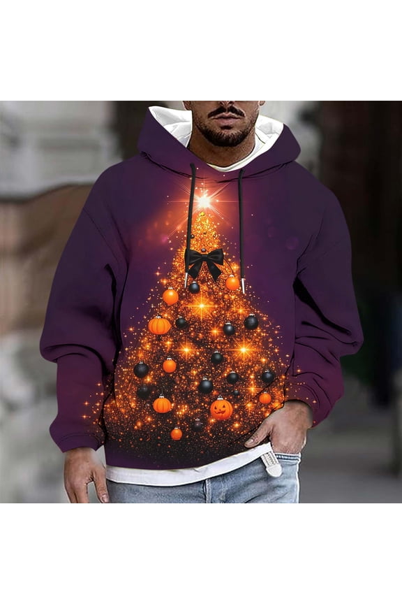 Fashion Men’s Casual Fun Christmas Tree Artistic Doodles Print Hooded Long Sleeve Drawstring Sweatshirt Top
