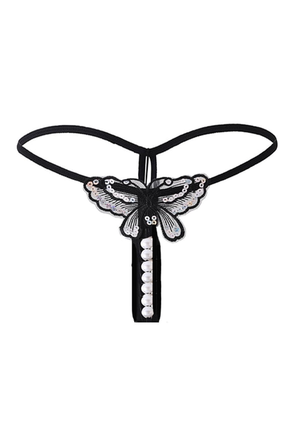 Fashion Women Underwear Cutout Pendant Pearl Beads Embellished Lace Butterfly G-String Thong Underpants