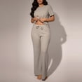 thumbnail image 1 of YueHuiYing Fashion Women Solid Color Loose Tight Waist Round Neck Pull Rope Short Sleeves Straight Cylinder Pants Sets, 1 of 5
