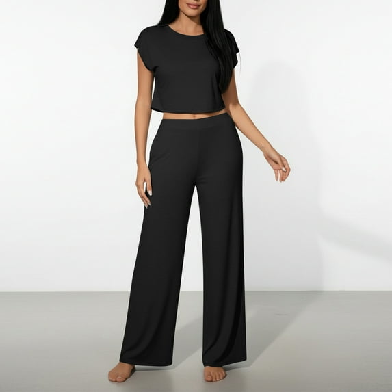 YueHuiYing Fashion Women Solid Color Loose Tight Waist Round Neck Short Sleeves Straight Cylinder Pants Sets