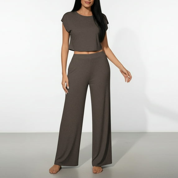 YueHuiYing Fashion Women Solid Color Loose Tight Waist Round Neck Short Sleeves Straight Cylinder Pants Sets