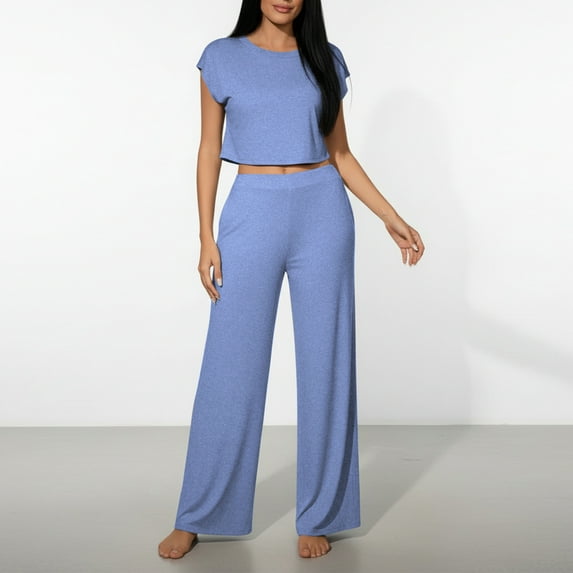 YueHuiYing Fashion Women Solid Color Loose Tight Waist Round Neck Short Sleeves Straight Cylinder Pants Sets