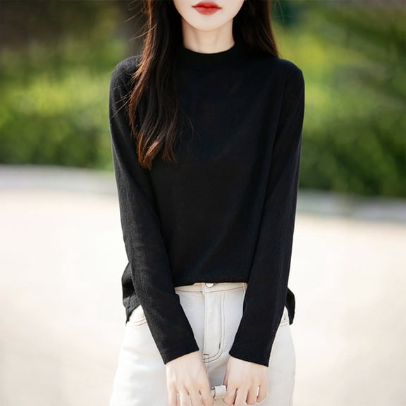 YueHuiYing Fashion Women's Casual Semi High Neck Solid Color Loose Base Knitted Autumn Winter Sweater
