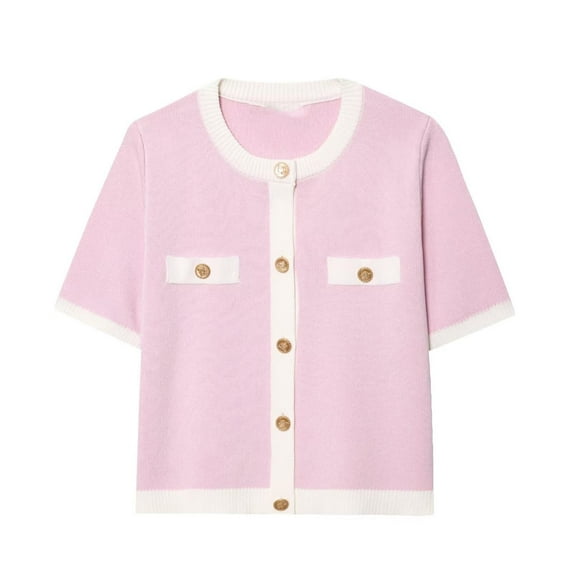YueHuiYing Fashionable Women's Solid Color Round Neck Short Sleeved Button Pocket Knitted Casual Sweater